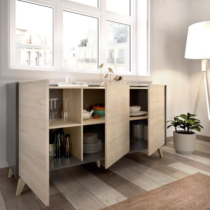 Moderne dressoir met 3 deuren - Grafiet en eiken decor - L 155 x D 43 x H 75 cm - NESS - Daza-living