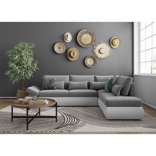 LOUNGITUDE SEVARA 4-zits hoekbank - Wit PU en lichtgrijze stof - Opbergdoos - L267 x D200 x H90 cm - Furniture > Benches