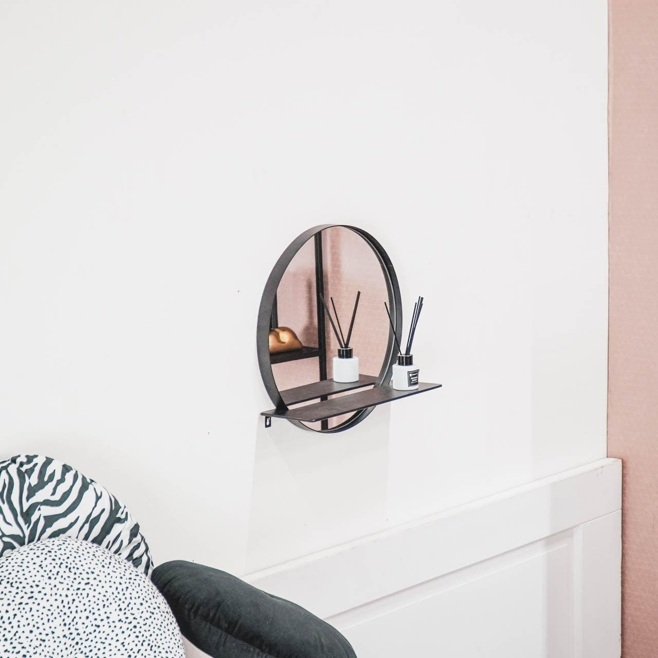 HV Ronde Metalen Spiegel met Plank - Zwart - Ø40cm Housevitamin