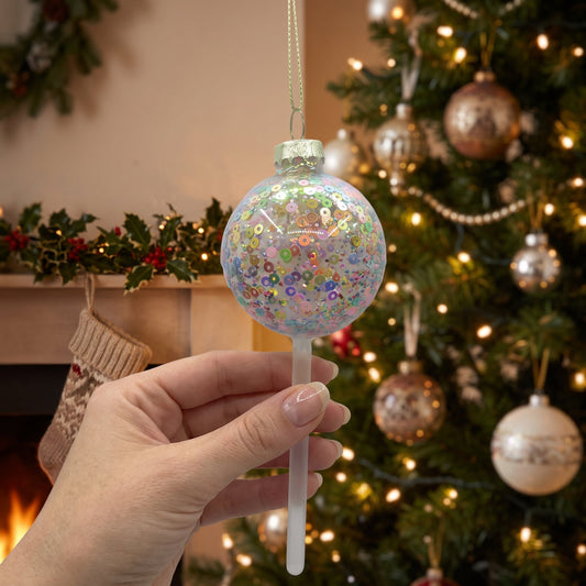 Kersthanger Lol Pop glasornament met kleurrijk sequinconfetti (5x5x13,5 cm)