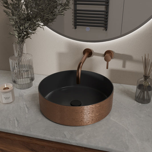 Mondri waskom rond 36 x 36 x 12 cm mat zwart/geborsteld brons koper Wastafels -> Waskommen Sanitairluxe