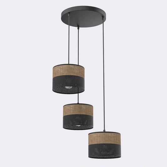 KARBON 3 BL BRUIN PREMIUM pendant light by Daza-living, with three stacked tan burlap and black perforated shade drums.