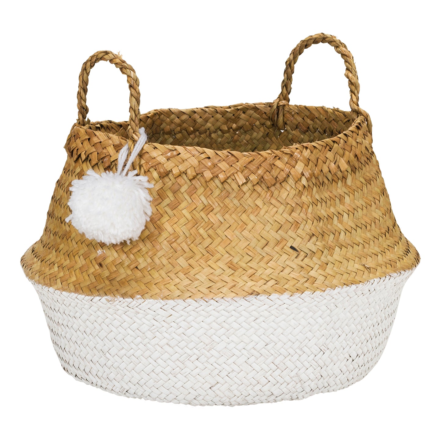 PomPom two-tone seagrass basket with white base, natural upper, and white pom-pom