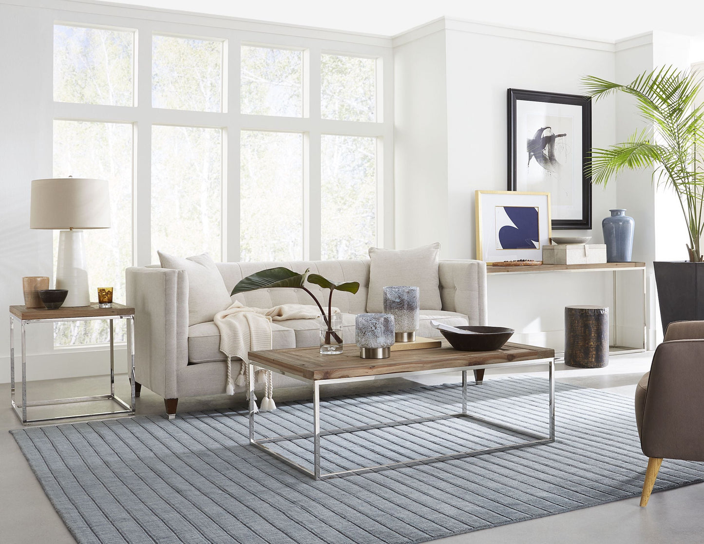 Modus Furniture International Ace Console Tafel van Teruggewonnen Vuren en Gepolijst Roestvrij Staal -