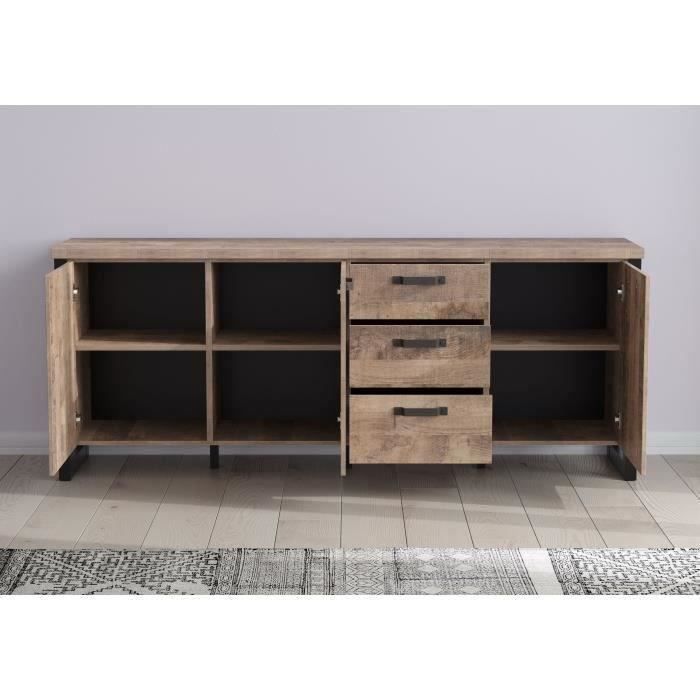 EMILE sideboard - Tobacco brown oak and matt black melamine - 3 doors + 3 drawers - L214 x D45 x H86 cm - TRENDTEAM