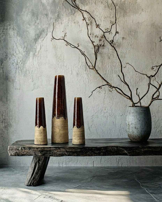 De Amber-kegelvaas betonbruin M: set of three amber cone vases by Bazar Bizar Antwerp on a rustic wooden bench