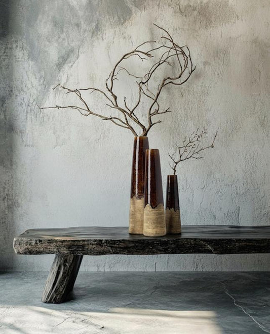 De Amber Kegelvaas set of 3 ceramic vases in beige-brown glaze on a rustic wooden bench