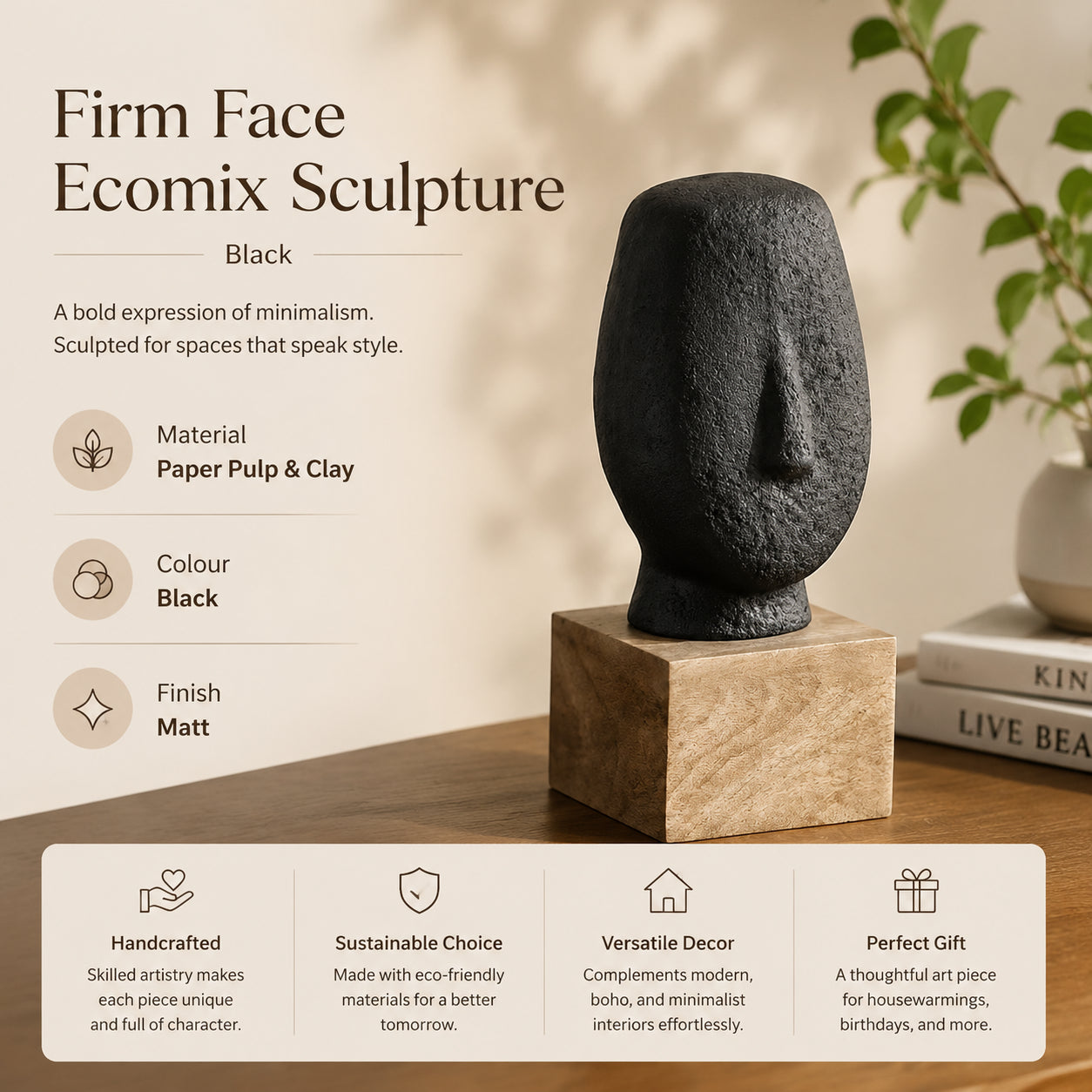 Moderne Ecomix-Skulptur mit schwarzem Gesicht | Abstrakte, umweltfreundliche Kunstdekoration | Zeitgenössische, minimalistische Tischfigur