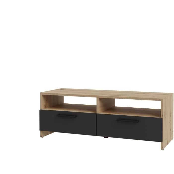 AUCUNE PILVI TV-meubel - Eigentijdse stijl - Eiken en Zwart decor - 2 kleppen + 2 nissen - L 95 x D 36 x H 34,5 cm -