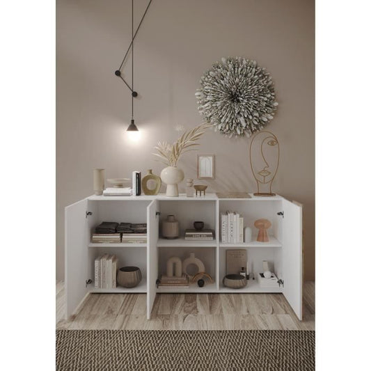 VENEZIA Dressoir met 3 deuren - Glanzend wit gelakt en Cadiz eikenhout - L 181 x D 44 x H 84 cm - Daza-living