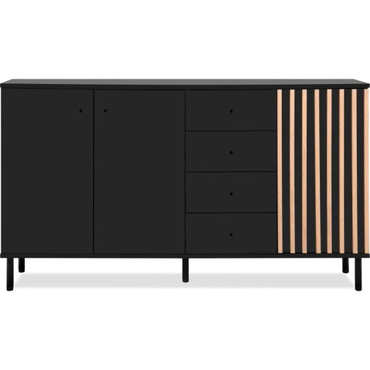 Sideboard - MONZA - Black decor / handcrafted oak - 3 doors - 4 drawers - 160 x 90 x 40 cm