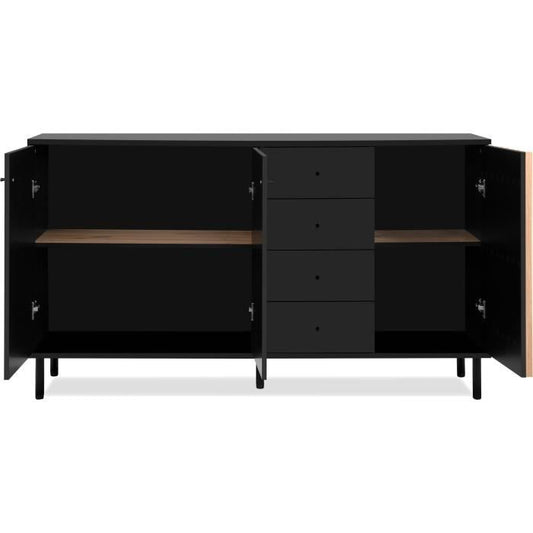 Sideboard - MONZA - Black decor / handcrafted oak - 3 doors - 4 drawers - 160 x 90 x 40 cm