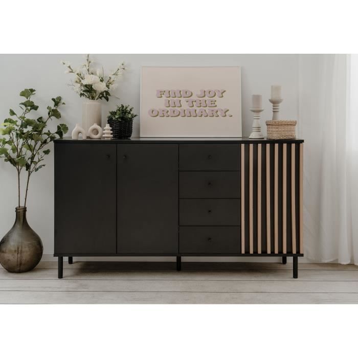 Sideboard - MONZA - Black decor / handcrafted oak - 3 doors - 4 drawers - 160 x 90 x 40 cm