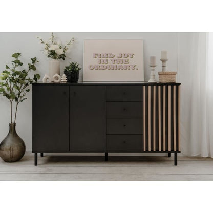 Sideboard - MONZA - Black decor / handcrafted oak - 3 doors - 4 drawers - 160 x 90 x 40 cm