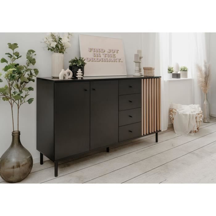 Sideboard - MONZA - Black decor / handcrafted oak - 3 doors - 4 drawers - 160 x 90 x 40 cm