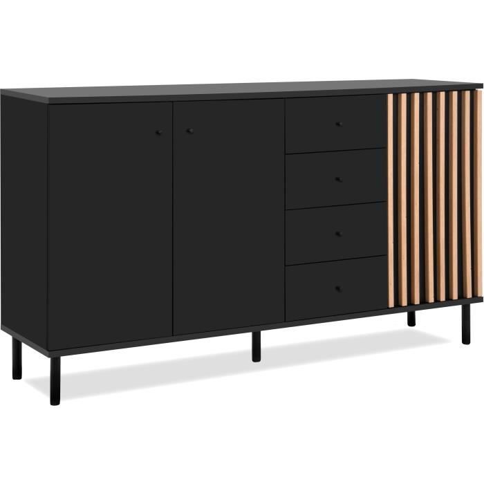 Sideboard - MONZA - Black decor / handcrafted oak - 3 doors - 4 drawers - 160 x 90 x 40 cm