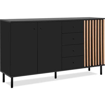 Sideboard - MONZA - Black decor / handcrafted oak - 3 doors - 4 drawers - 160 x 90 x 40 cm