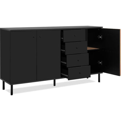 Sideboard - MONZA - Black decor / handcrafted oak - 3 doors - 4 drawers - 160 x 90 x 40 cm