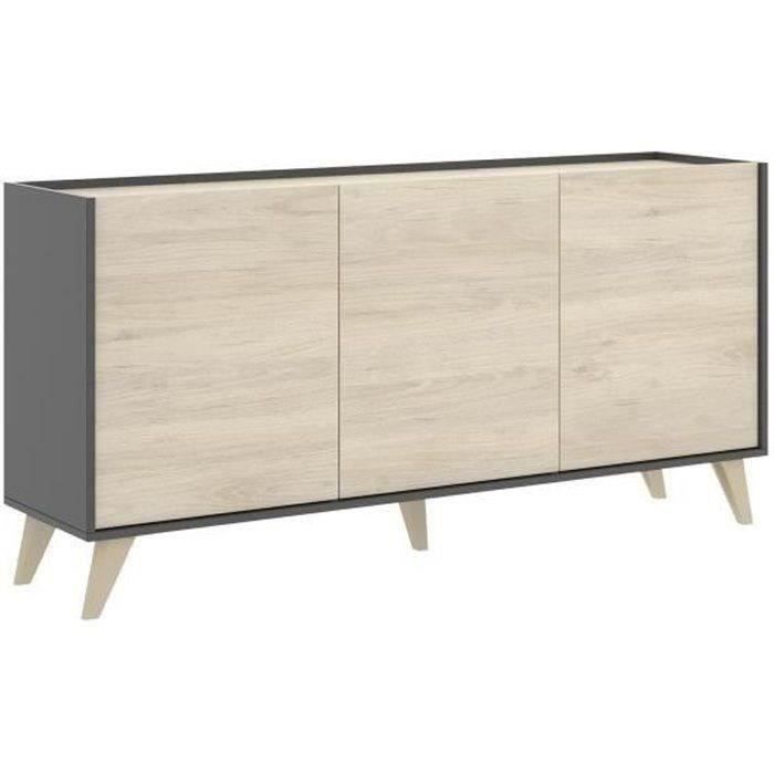 Moderne dressoir met 3 deuren - Grafiet en eiken decor - L 155 x D 43 x H 75 cm - NESS - Daza-living