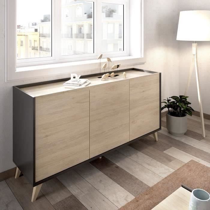 Moderne dressoir met 3 deuren - Grafiet en eiken decor - L 155 x D 43 x H 75 cm - NESS - Daza-living