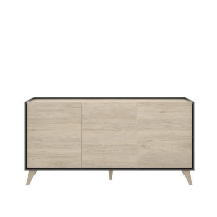Moderne dressoir met 3 deuren - Grafiet en eiken decor - L 155 x D 43 x H 75 cm - NESS - Daza-living