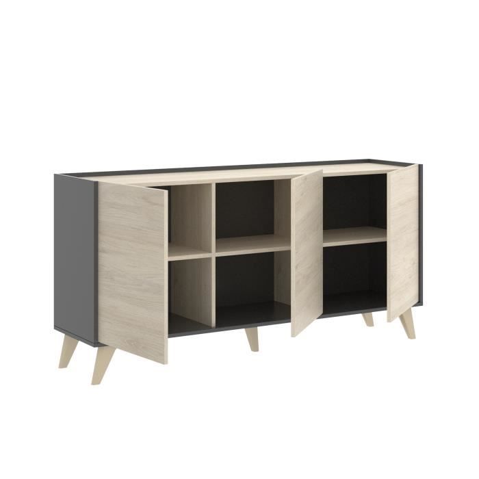 Moderne dressoir met 3 deuren - Grafiet en eiken decor - L 155 x D 43 x H 75 cm - NESS - Daza-living