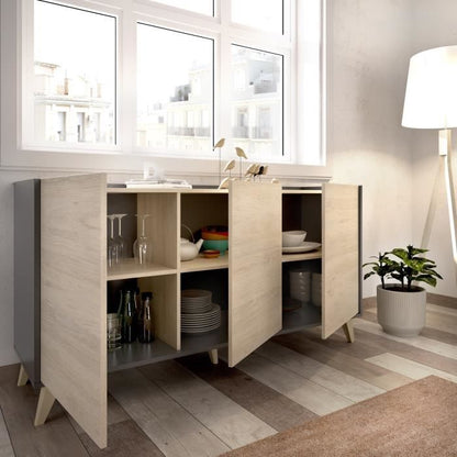 Moderne dressoir met 3 deuren - Grafiet en eiken decor - L 155 x D 43 x H 75 cm - NESS - Daza-living