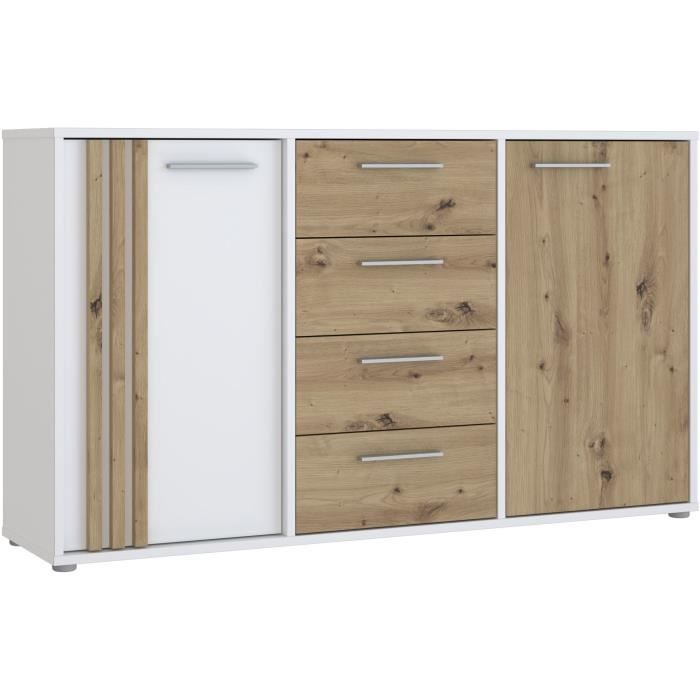 AUCUNE DRESSOIR CARDIGAN 2 deuren, 4 laden - Artisan eiken en wit decor - L142,6 x D34,2 x H82,3 cm - Metalen handgrepen met aluminium effect -