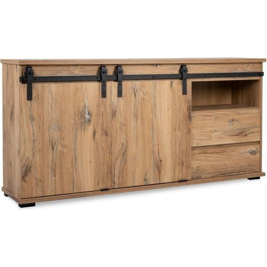 AUCUNE Manzano Buffet - Deeltjespanelen - Flagstaff Chene - 2 schuifdeuren, 2 laden, 1 niche - L 180 x H 87 x L 40 cm -