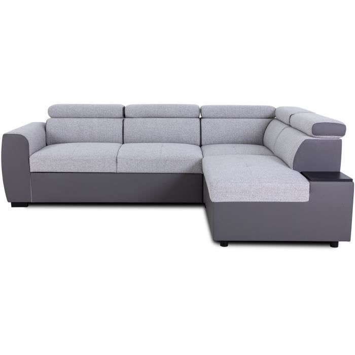 KELIO omkeerbare hoekbank - 4/5 zitplaatsen - Silex PU bi-materiaal stof / Grijs - 3 hoofdsteunen - 245 x 184 x 77/87 cm CASAPY