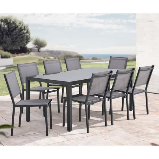 AUCUNE Tuinset: tafel van 180 cm + 8 stoelen - Aluminium structuur - Blad van gehard glas - Grijs - Furniture > Outdoor Furniture > Outdoor Tables