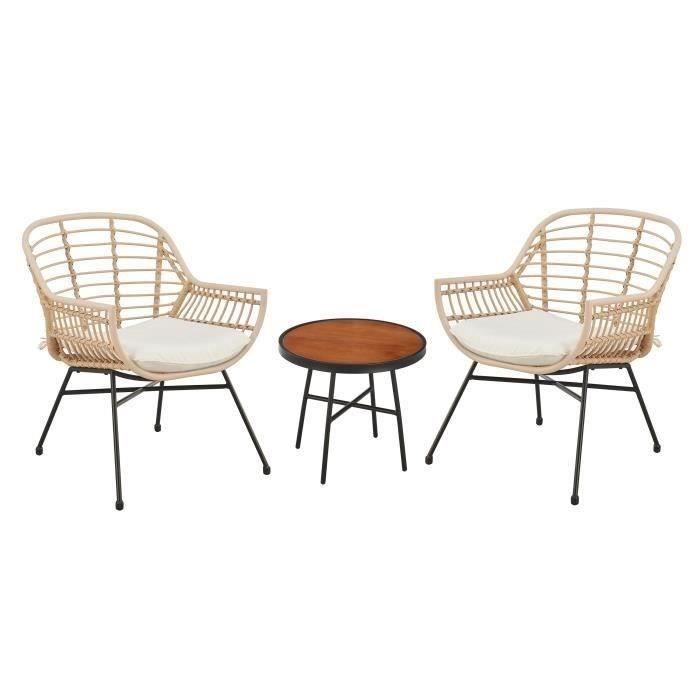 AUCUNE SUMATRA tuinmeubelen: salontafel + 2 fauteuils - Ecru geweven hars -