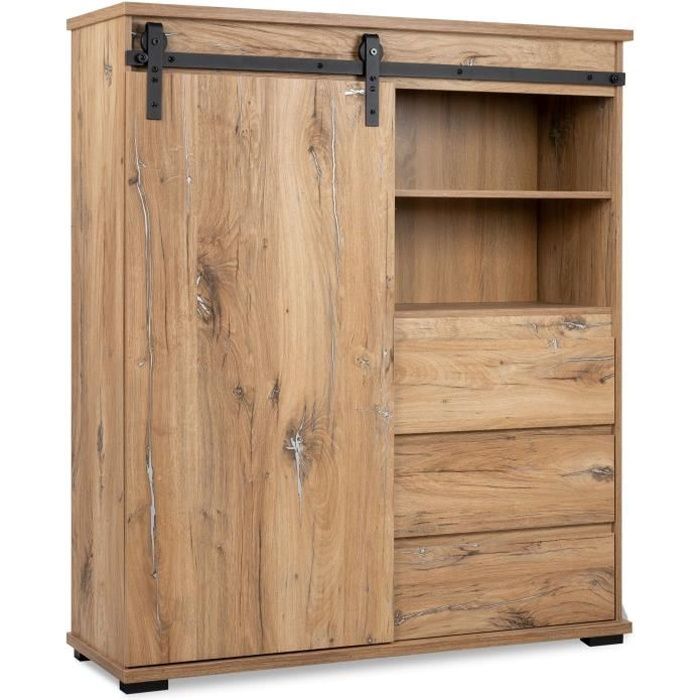 AUCUNE MANZANO dressoir - Flagstaff eiken decor - 1 schuifdeur + 3 laden + 2 nissen - L120 x H140 x D40 cm -