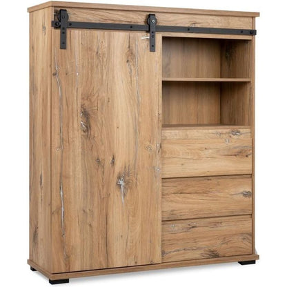 AUCUNE MANZANO dressoir - Flagstaff eiken decor - 1 schuifdeur + 3 laden + 2 nissen - L120 x H140 x D40 cm -