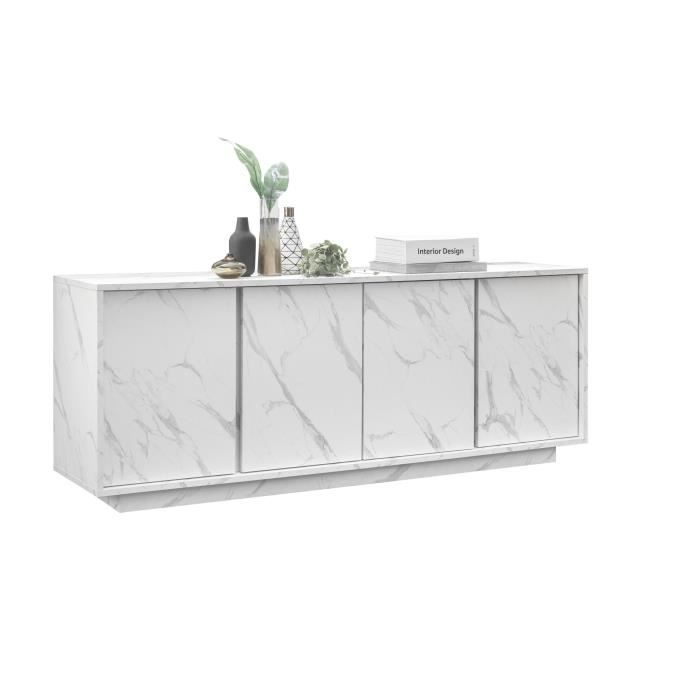 Dressoir met 4 deuren - Wit marmer - L 180 x D 43 x H 70 Cm - MARMO - Daza-living