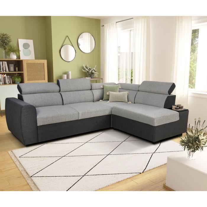 CASAPY KELIO Reversible hoekbank - 4/5 plaatsen - Antraciet/grijze stof - 3 hoofdsteunen - 245 x 184 x 77/87 cm - Furniture > Benches