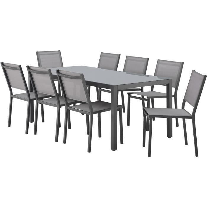 AUCUNE Tuinset: tafel van 180 cm + 8 stoelen - Aluminium structuur - Blad van gehard glas - Grijs - Furniture > Outdoor Furniture > Outdoor Tables