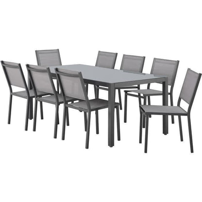 AUCUNE Tuinset: tafel van 180 cm + 8 stoelen - Aluminium structuur - Blad van gehard glas - Grijs - Furniture > Outdoor Furniture > Outdoor Tables