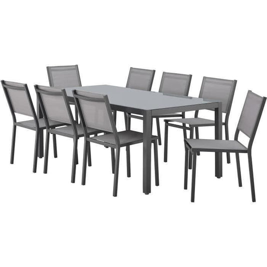 AUCUNE Tuinset: tafel van 180 cm + 8 stoelen - Aluminium structuur - Blad van gehard glas - Grijs - Furniture > Outdoor Furniture > Outdoor Tables