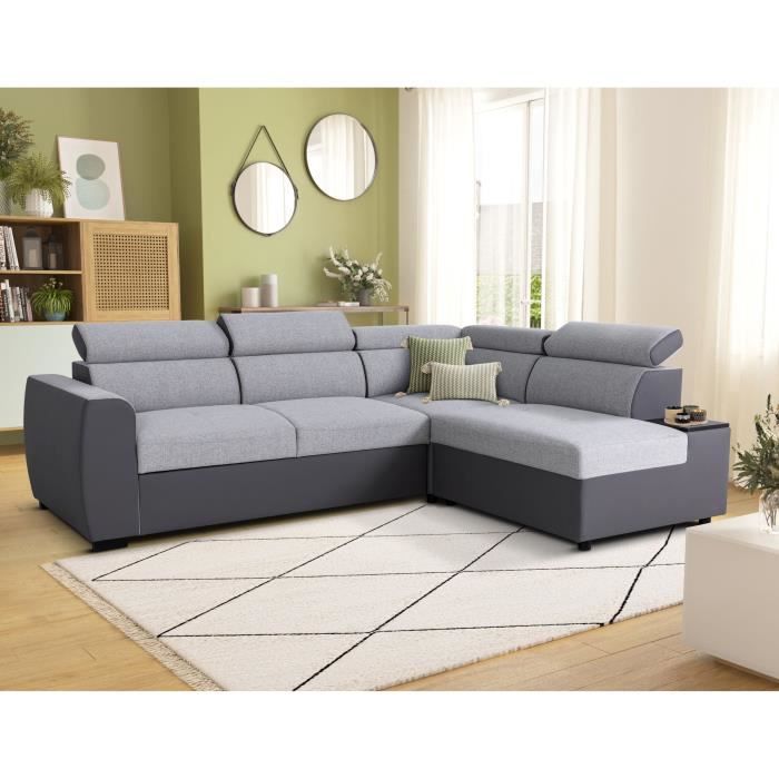 KELIO omkeerbare hoekbank - 4/5 zitplaatsen - Silex PU bi-materiaal stof / Grijs - 3 hoofdsteunen - 245 x 184 x 77/87 cm CASAPY