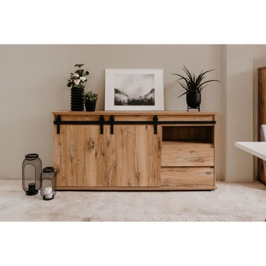 AUCUNE Manzano Buffet - Deeltjespanelen - Flagstaff Chene - 2 schuifdeuren, 2 laden, 1 niche - L 180 x H 87 x L 40 cm -