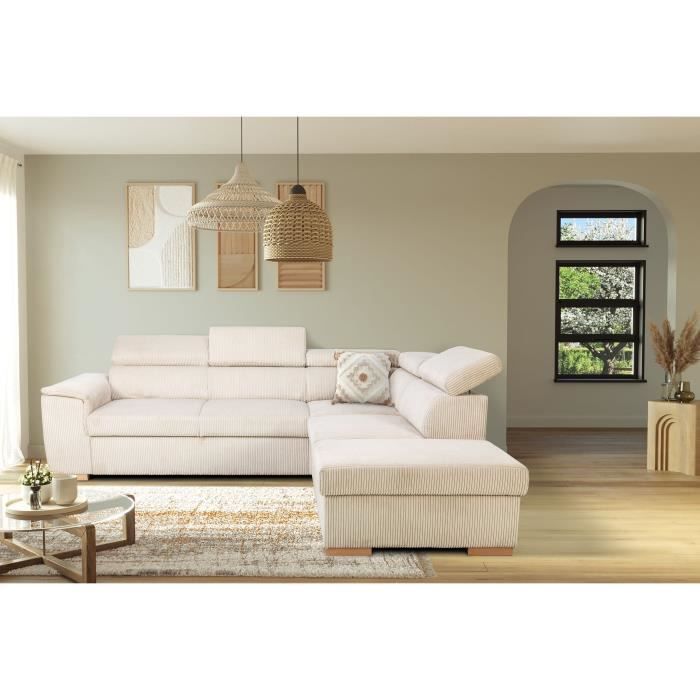 CASAPY DAYTONA 5-zits omkeerbare converteerbare hoekbank - Beige ribfluweel - Opbergdoos - L 260 x H 94 x D 216 cm - Furniture > Benches