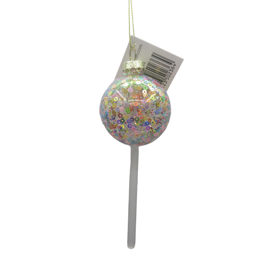 Glass Kersthanger Lol Pop ornament by Housevitamin, iridescent sequin-covered ball with gold cap