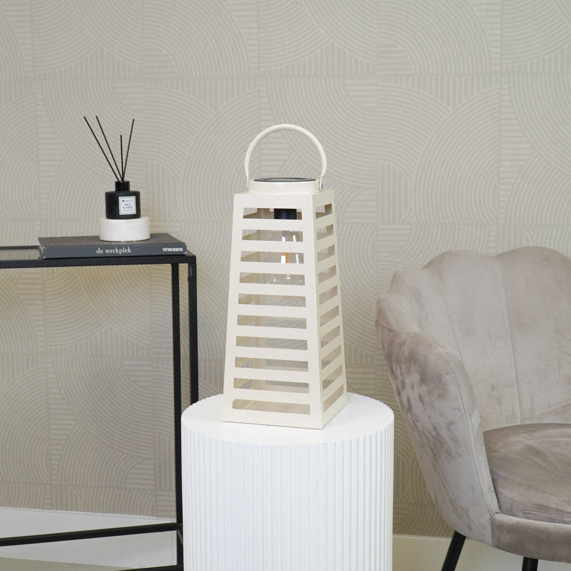 Lamp - Lantaarn - Zonne-energie - Metaal - Zandkleurig - 14x32,5cm Housevitamin