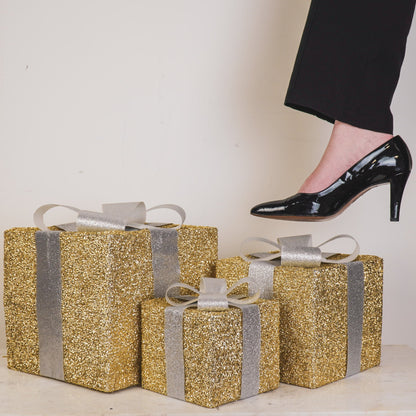 Kerst Led Lamp - Cadeau Set van 3 - Kunststof - Goud/Zilver - 15cm/20cm/25cm Housevitamin Shop