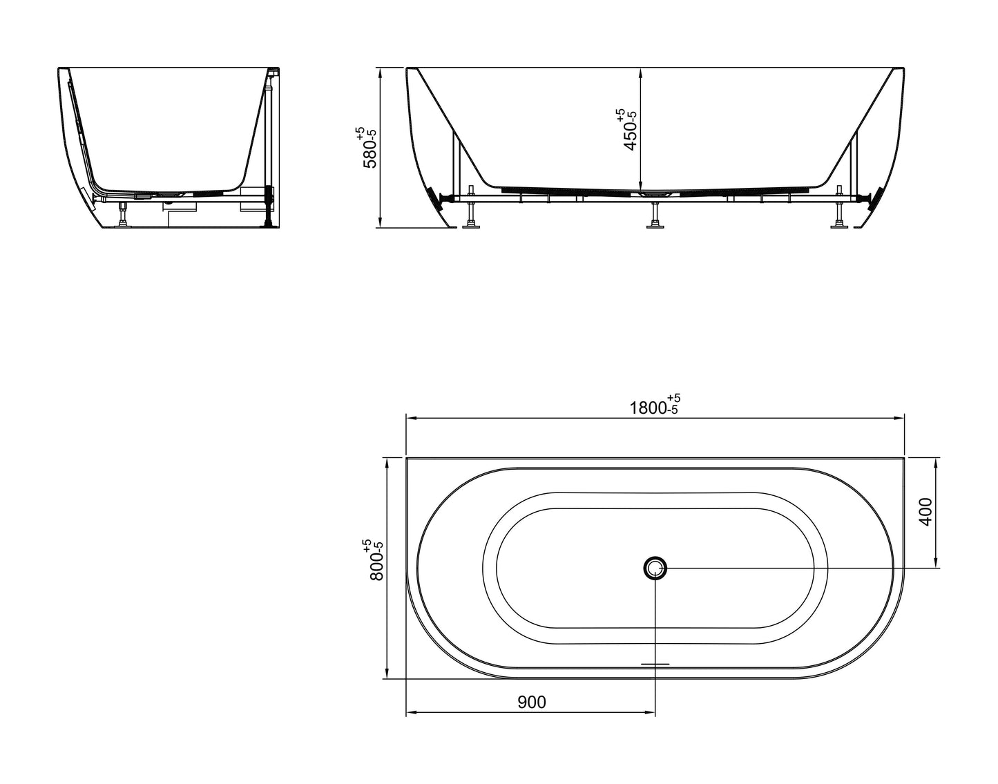 Zenn halfvrijstaand bad Wiesbaden 180X80 cm met afvoer in wit Bad Sanitairluxe
