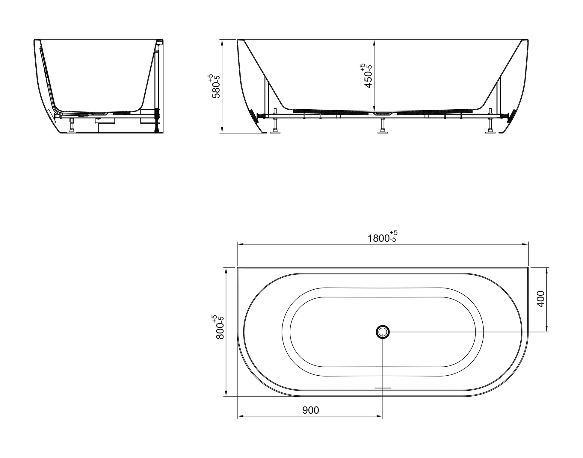 Zenn Halfvrijstaand Bad Wiesbaden 180x80 cm met Afvoer Mat Wit Bad Sanitairluxe