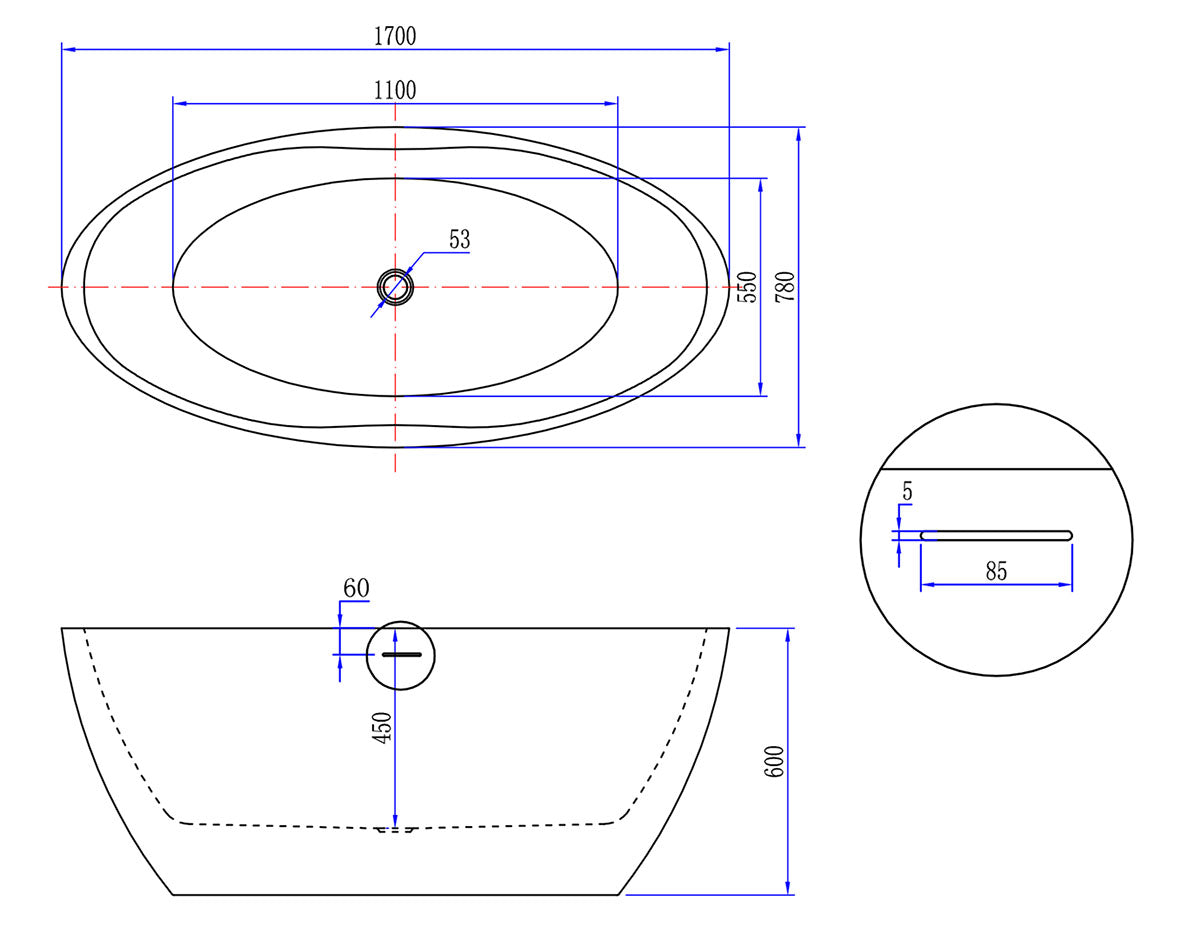 Oval vrijstaand ligbad 170 x 78 cm acryl mat wit met waste mat wit