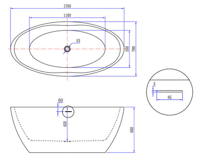 Oval vrijstaand ligbad 170 x 78 cm acryl mat wit met waste mat wit
