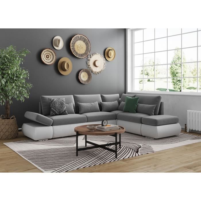 LOUNGITUDE SEVARA 4-zits hoekbank - Wit PU en lichtgrijze stof - Opbergdoos - L267 x D200 x H90 cm - Furniture > Benches